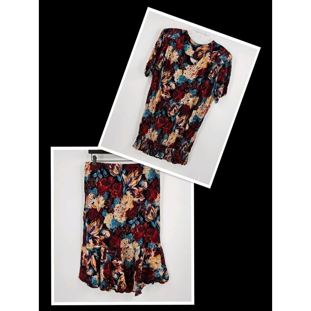 Sharon Anthony Floral Print Vtg Top/Skirt Set Womens Sz 22 Ruffle Pullon Skirt